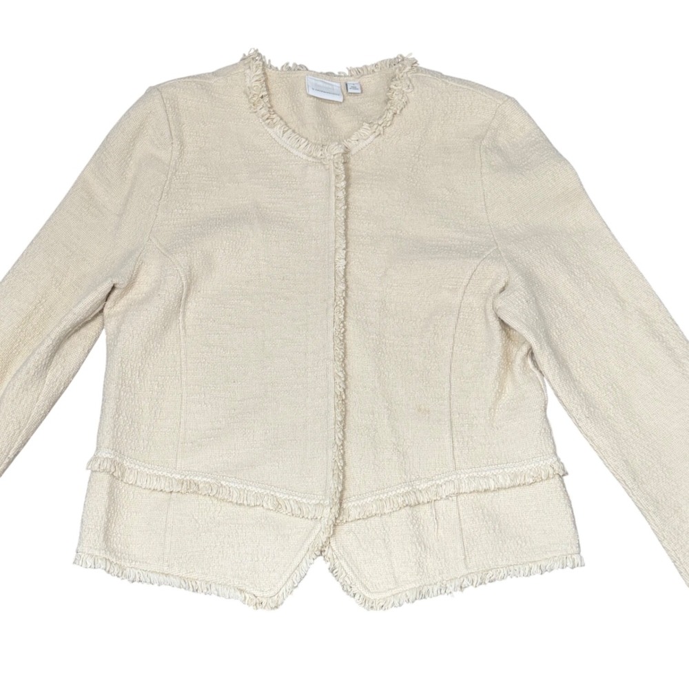 Anthropologie Cream Tweed Fringe Moto Jacket Women Large Zip Front